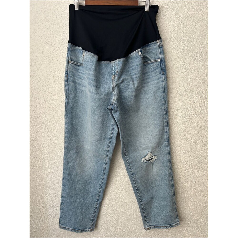Isabel 80s Size 14 Maternity Distressed  Denim Jeans with Black Belly Panel